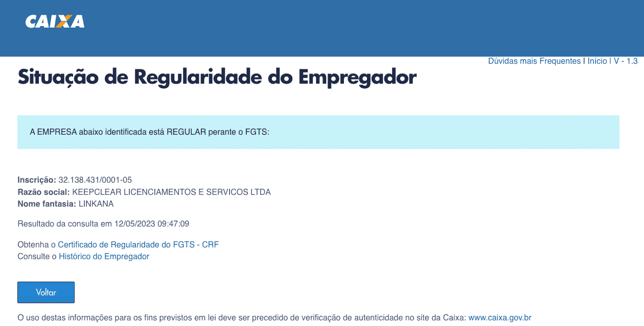 resultado da consulta de regularidade na página da Caixa Econômica Federal