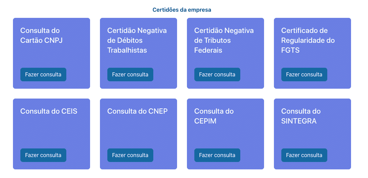 opções de certidões que pode ser consultadas pelo sistema da Linkana