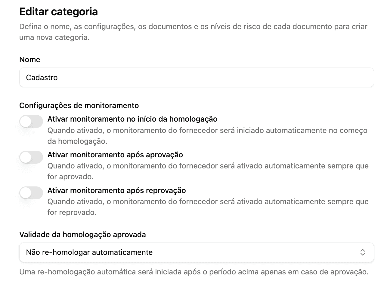 Fornecedor: configurações de monitoramento